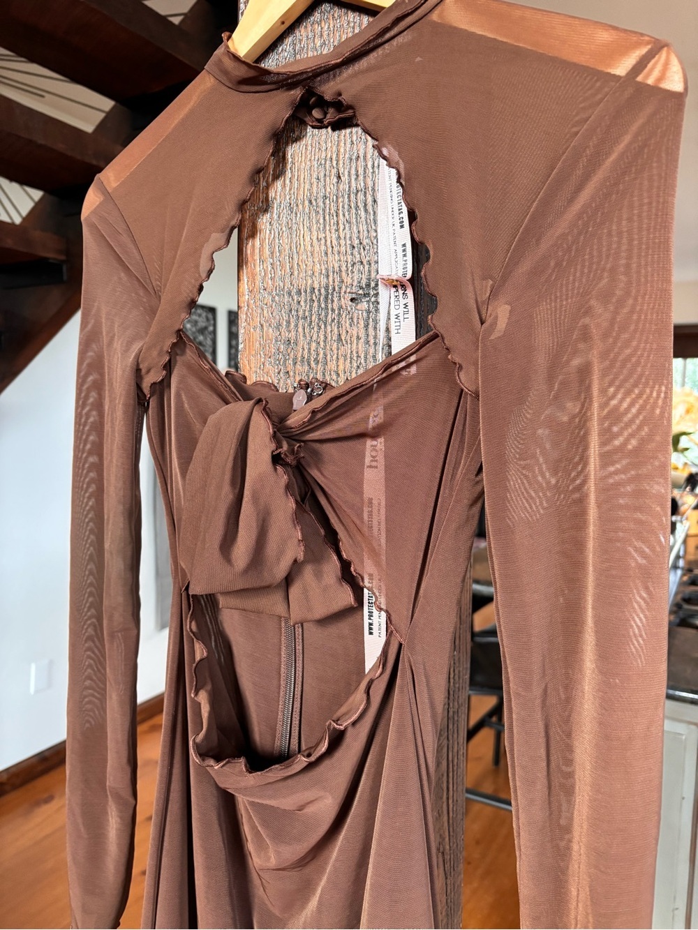 House of CB, Brown Long Sleeve Tie-Front Cutout Dress - Picture 6 of 10